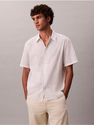 Calvin Klein Mens Textured Cotton Stripe Easy Button-Down Shirt - White - XL