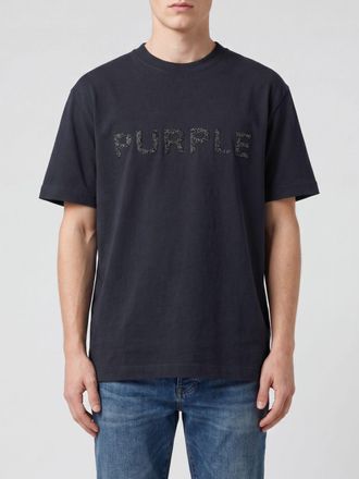 Purple T-shirt girocollo in cotone nero con logo ricamato di strass