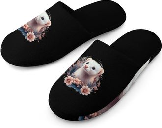 Generic Ferret with Flower Mens Cozy House Slippers Winter Warm Shoes with Anti-Slip Sole for Travel Indoor Outdoor