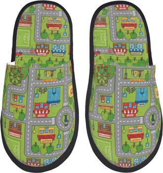 Generic Warm Cotton Slipper Cartoon Road Fluffy Slipper Plush Womens Slippers for Travel Indoor Ladies M