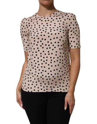 Dolce & Gabbana Womens Beige Black Polka Dot Silk Short Sleeve Blouse Top