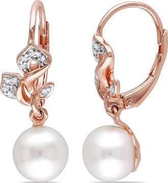 Amour 7.5 - 8 Mm White Cultured Freshwater Pearl and 1/10 CT TW Diamond Floral Leverback Drop Earrings In Rose Plated Sterling Silver