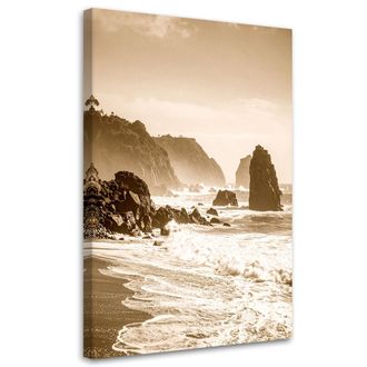 Feeby Cuadro Sobre Lienzo, Paisaje Marino En Estilo Vintage Sepia Con Acantilados Y Rocas, 80x120