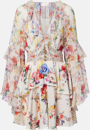 Camilla Embellished floral ruffled silk minidress