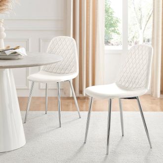 Furniturebox 2x Corona Silver Leg Faux Leather Dining Chair in White