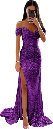 Generic Sparkly Sequin Prom Dresses Long Mermaid Bridesmaid Dress Off Shoulder Formal Party Evening Gowns with Slit Purple S