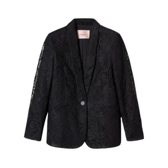 Twinset Jassen, Dames, Zwart, L, Leer, Giacca blazer in pizzo macram&egrave;
