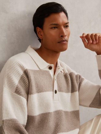 Reiss Off White & putty Waffle-knit Stripe Half-button Jumper With Wool, Xxl