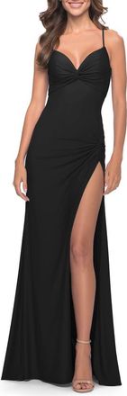 La Femme Soft Jersey Dress with Knot Detail on Bust and Hip in Black at Nordstrom, Size 12