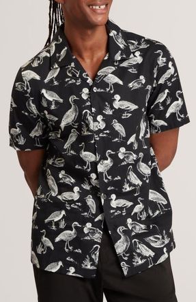 Ted Baker Yamal Duck Print Camp Shirt in Black at Nordstrom, Size 4