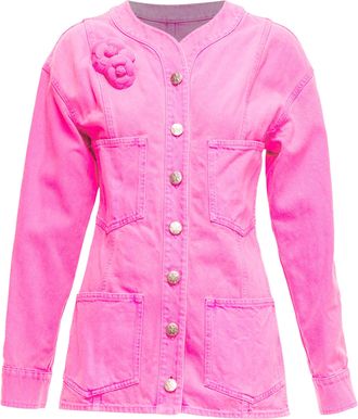 Chanel Neon Pink Cotton Denim CC Logo Camellia Embellished Jacket