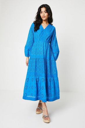 Oasis Womens Petite Broderie Trim Detail Puff Sleeve Midi Dress - Blue Cotton - Size 14 UK