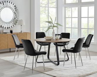Furniturebox Santorini Brown Round Dining Table & 4/6 Pesaro Silver Leg Chairs in Black