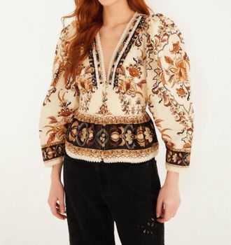Farm Rio Lace Puff Sleeve Blouse In Majestic Garden Sand