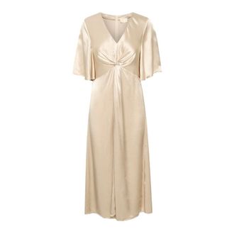 Soaked In Luxury Kleedjes, Dames, Beige, M, Groene Midi Jurk met Ruches Mouwen