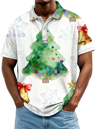 Generic Christmas Polo Shirts for Men Xmas Tree Santa Snowflake Print Golf Shirts 1/4 Button Lapel Short Sleeve Holiday Party Tees, White, XXL