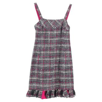 Chanel Chanel Ruit Tweed Rimpelzoom Mini Jurk in Grijze en Roze Katoen