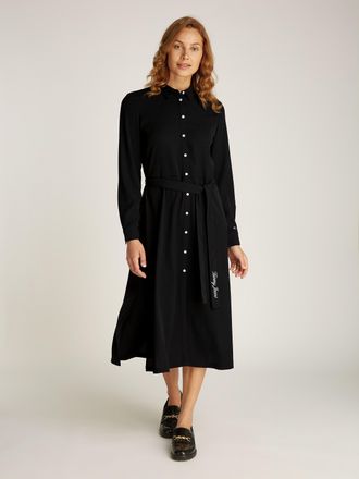 Tommy Jeans Jerseykleid TOMMY JEANS, Damen, Gr. XS (34), N-Gr, schwarz, Jersey, Obermaterial: 100% Polyester, unifarben, regular fit knielang, &Auml;rmel mit &Auml;rmelschl