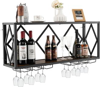 Costway Costway - Soporte De Pared Para Botellas De Vino, Estanter&iacute;a De Vino Industrial Con Portabotellas Para 39 Botellas Y 12 Copas, Estante De Almacenamien