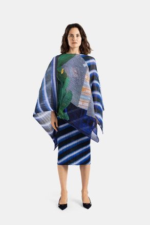 Pleats Please Issey Miyake Womens Pleated Permanent City Collage Poncho Stole Grey Navy Top