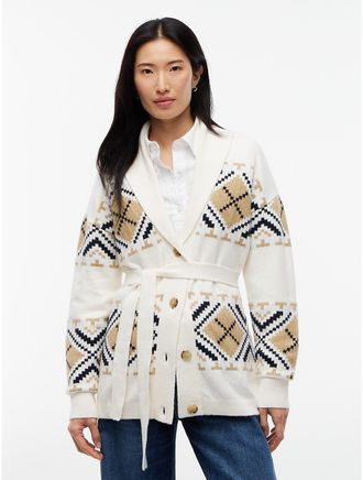 Tommy Hilfiger Womens TH Soft Touch Fair Isle Shawl Collar Belted Cardigan - Rich Cream - XL
