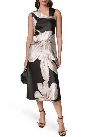 DKNY Floral Asymmetrical Midi Dress in Black Multi at Nordstrom, Size 10