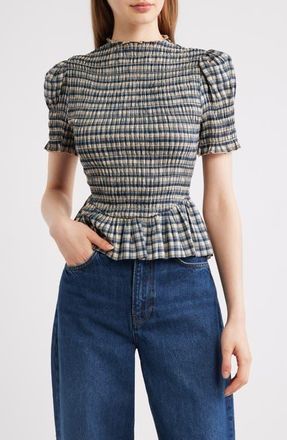 Reformation Aggie Smocked Ruffle Hem Top in Beacon Check at Nordstrom, Size X-Small