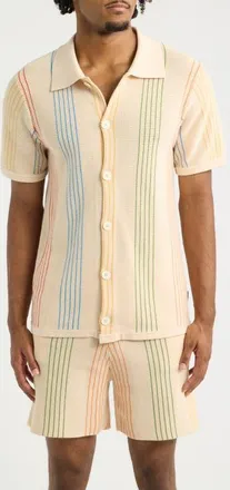MAVRANS Sliced Knit Short Sleeve Button-Up Shirt in Beige at Nordstrom, Size Xx-Large