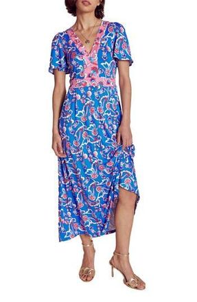 Boden Ellie Print Flutter Sleeve Dress in Kingfisher Blue/Foliage Trail at Nordstrom Rack, Size 6