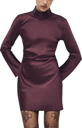 Mango Pleated Long Sleeve Satin Dress in Cherry at Nordstrom, Size 10