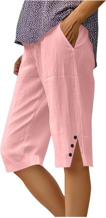 Generic Linen Shorts Women Plus Size Summer Cotton Linen Elasticated Waist Shorts with Pockets Wide Leg Lightweight Breathable Knee Length Pants Loose Fit Cas