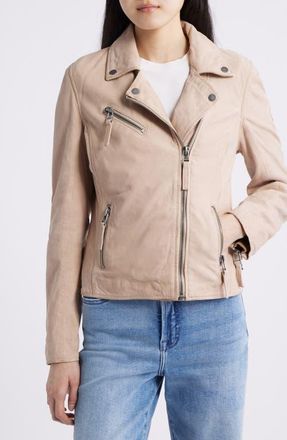Mauritius Misty Star Back Detail Leather Moto Jacket in Bone at Nordstrom, Size 13