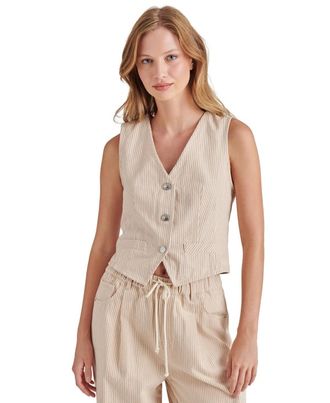 Steve Madden Selene Top Womens Khaki Striped Cotton V-Neck Blouse PALL378