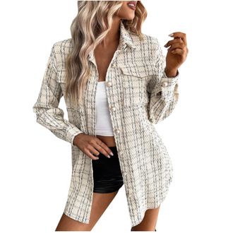 Generic Plaid Shacket Jacket for Women UK Sale Clearance Elegant Flannel Shirts Long Sleeve Button Down Blouse Fall Winter Clothes Outfits Ladies Y2k Warm Ret