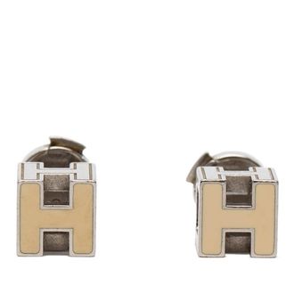 Herm&egrave;s Pre-owned Hermes Palladium Plated Enamel Cage dH Cube Push Back Earrings Ladies GUYLQ3UZ726ECGP9