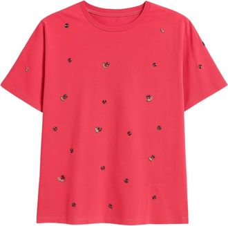 Clips Tops, Dames, Roze, L, Katoen, Fuchsia Geborduurd Katoen Stretch T-shirt