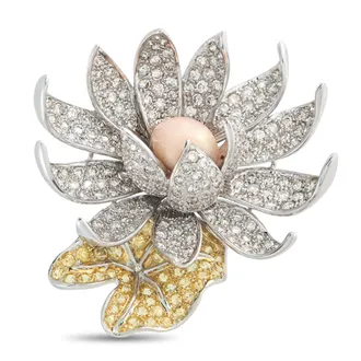 Luxury Bazaar 18K White Gold 5.84ct Diamond and Conch Pearl Flower Brooch MF25-052126