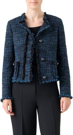 Akris Fringed Mixed Tweed Jacket in Medium Blue Denim-Black at Nordstrom, Size 12