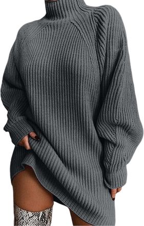 Generic Jumpers Dresses for Women Turtleneck Long Oversized Knit Jumper Dress Ladies Baggy Fluffy Knitted Jumpers Womens High Neck Thick Fitted Plain Sweater 