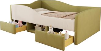 STILVORA Cama Div&aacute;n 90 X 190 Cm De Terciopelo Con 2 Cajones, Barandilla Y Compartimentos De Almacenamiento, Sin Colch&oacute;n, Verde E Marfil