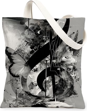 Generic Musical Butterfly Canvas Tote Bags, Floral Music Note Pattern Reusable Bags, Spring Artistic Chic Lightweight Washable Canv, Gray, 13x15 Inch