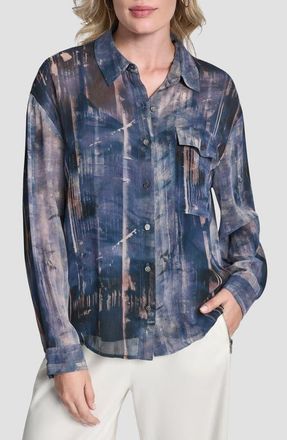 DKNY Print Long Sleeve Button-Up Chiffon Shirt in Hudson Lights at Nordstrom, Size X-Small