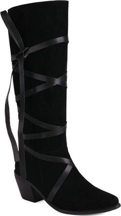 Generic Womens Casual Western Cowgril Knee High Boots Pointed Toe Chunky Heel Lace Up Pull On Winter Dress Shoes (Black,5.5)