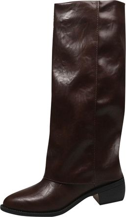 Generic Brown Ladies Thick Sole Chunky Heel Mid Calf Boots for Fall and Winter Comfortable Outdoor Leisure Walking Footwear with Block Heel Design