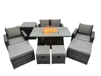 Fimous Outdoor Love Sofa Set 8 Seat & Gas Firpit Table 4 Stools Side Table in Dark Grey