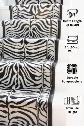 Kukoon Black & White Zebra Print Cut to Measure Stair Carpet Runner Rug 60cm Wide | Size: 60 cm x 1050 cm