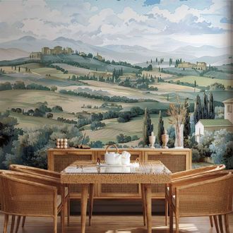 OEM Sfondo Fotografico - Paesaggio Con Campi Verdi E Alberi, Vista Soleggiata Della Toscana / Paesaggio Con Campi Verdi Soleggiati
