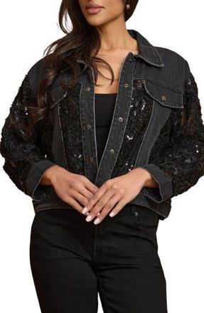Saachi Lace Trim Denim Trucker Jacket in Black at Nordstrom Rack