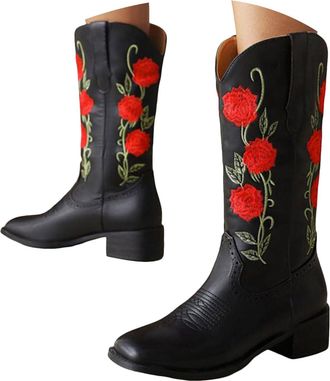 Generic Womens Western Cowboy Boots Embroidered Wide Calf Pull on Boot Fashion Retro Round Toe Chunky Heel Slip on Tall Boot Black