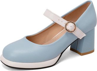 Generic Womens Mary Jane Pumps with Chunky Heel & Ankle-Strap - Comfortable Office Shoes for Work, Daily Wear,Blue,7.5 UK